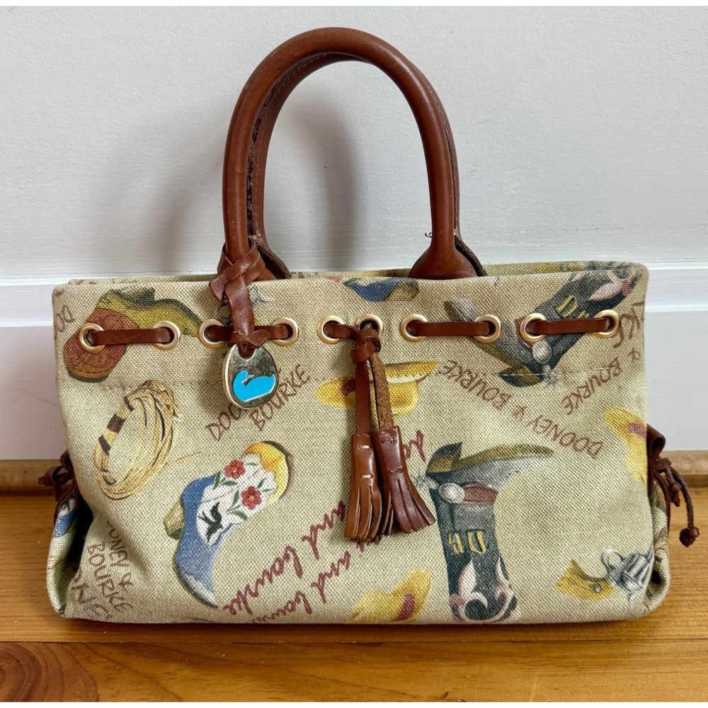 VTG Dooney & Bourke Western Cowgirl Motif HandBag Brown Leather Trim & Tassel